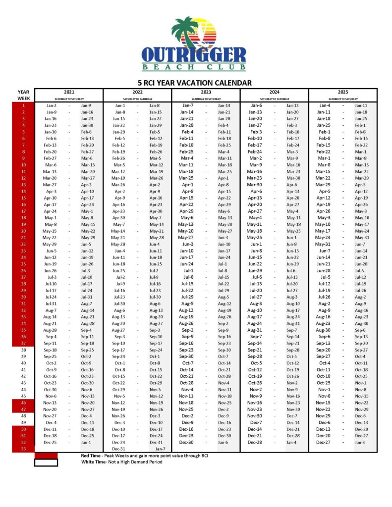 RCI 5 Year Calendar Outrigger Beach Club Resort